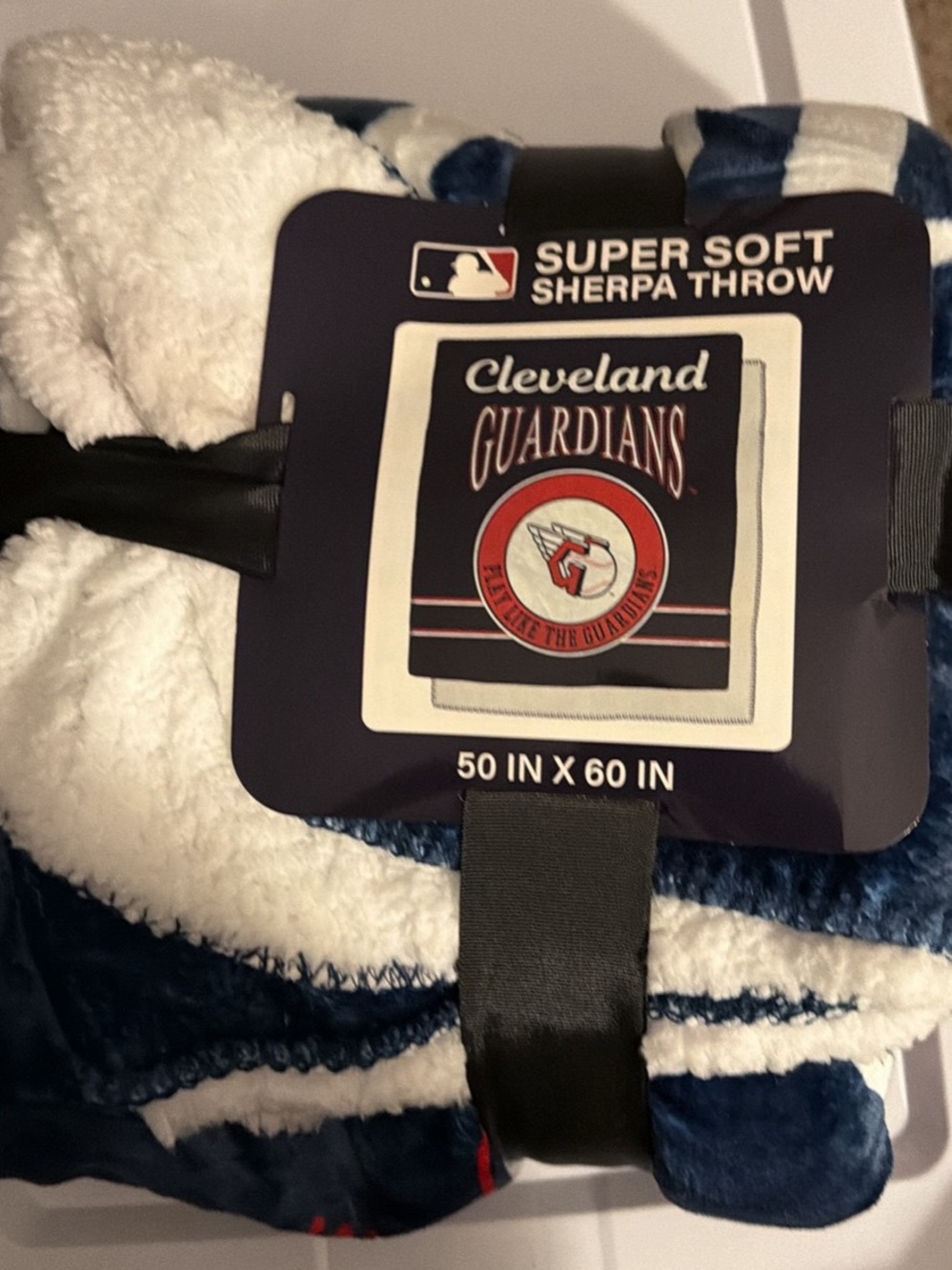 MLB Cleveland Guardians Super Soft Sherpa Throw Navy Blue White